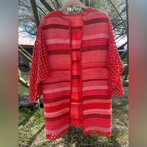 Women’s Coral & Orange Woven Sweater Coat w/ Crocheted Sleeves - Small - Picture 1 of 6